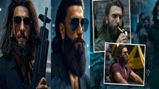 रणवीर सिंह "धुरंधर" फिल्म के टीज़र में गहरे और हिंसक लुक में, खून से सना चेहरा, एक्शन सीन बैकग्राउंड में।